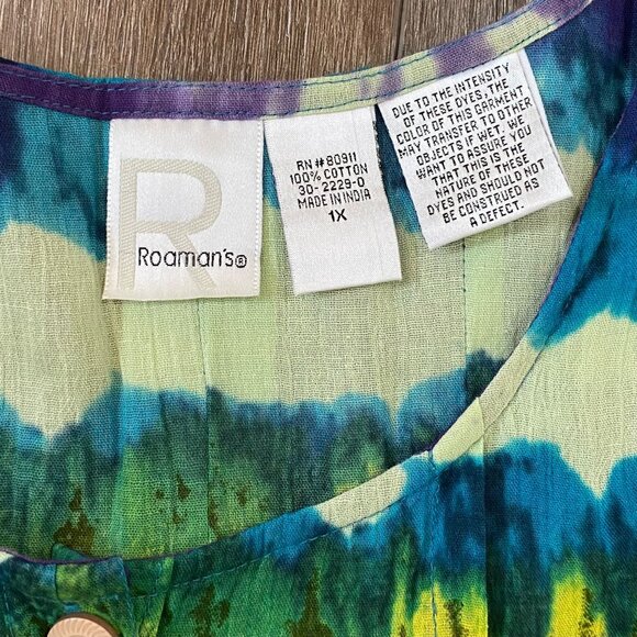 Tie-Dye Button-Front Short-Sleeve Tunic Top 1X Roamans 100% Cotton Multi-Color - Picture 4 of 6